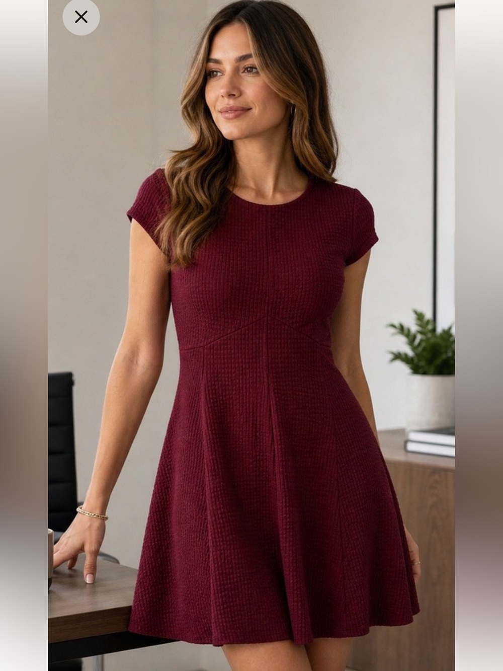 Banana Republic Burgundy Textured Cap-Sleeve Fit-and-Flare Dress